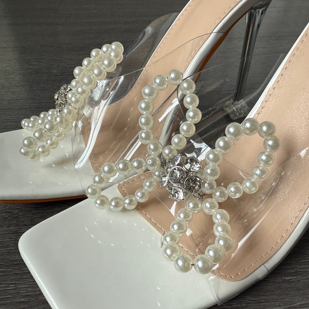 Elegant Pearl-Embellished White Heels